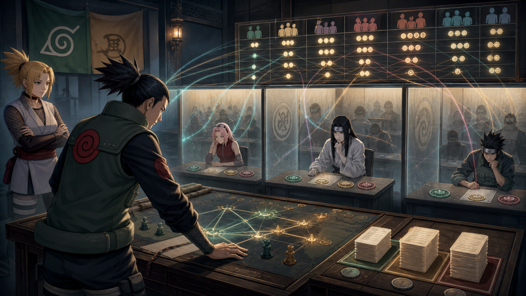 Shikamaru monitors separated candidates solving a team communication puzzle in Episode 396
