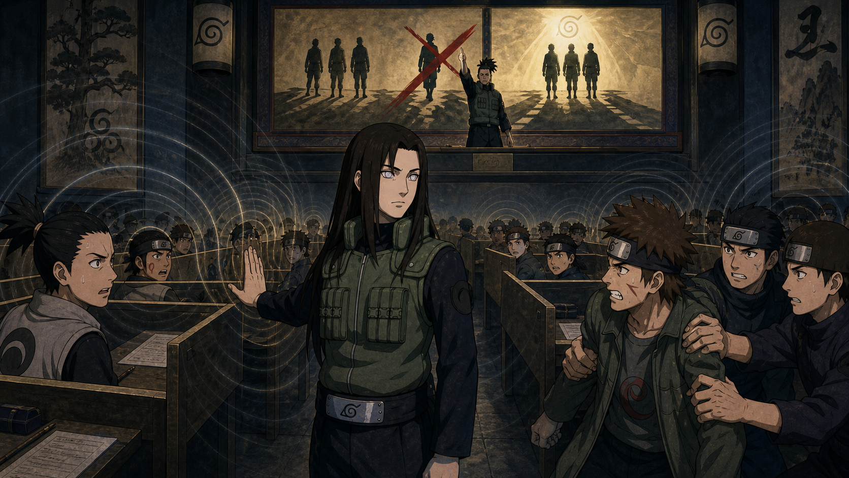 Neji coordinates anxious exam candidates and rejects a disposable-teammate choice in Episode 397