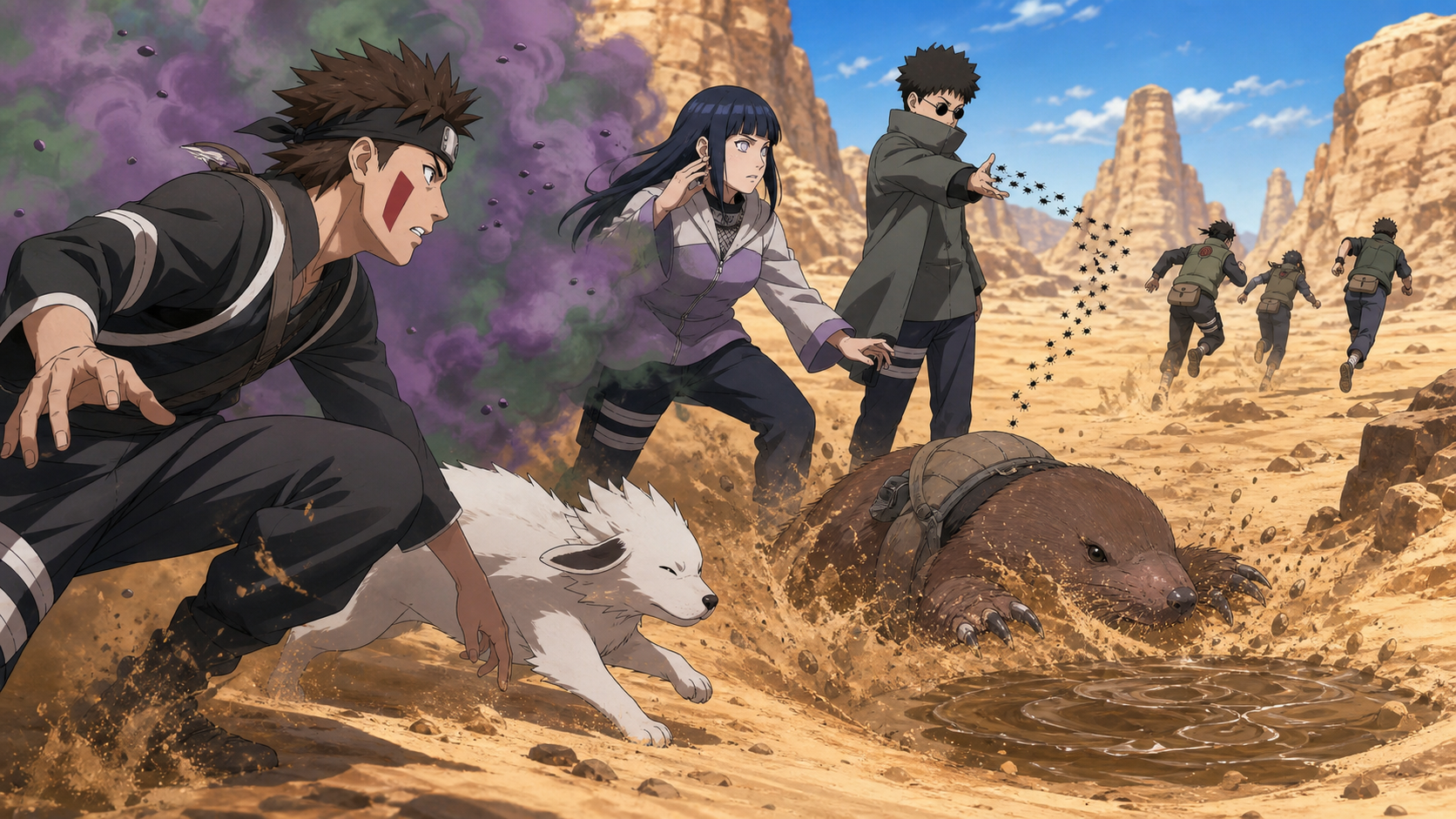 Kiba, Akamaru, Hinata and Shino pursue Hidden Grass trackers through sensory traps in Episode 402