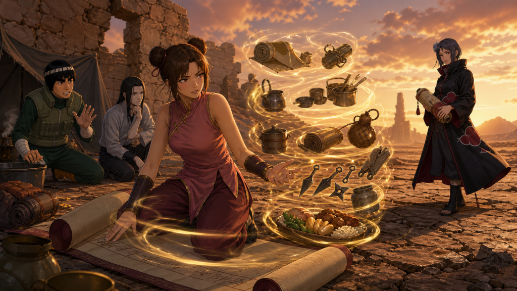 Tenten unseals food, water, camp supplies and weapons as Team Guy and Ajisai watch in Episode 404