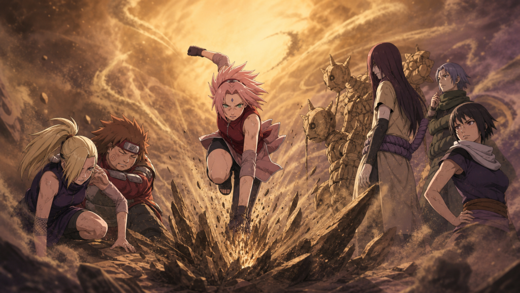Sakura takes the front as Ino and Choji protect her back in Naruto Shippuden Episode 409