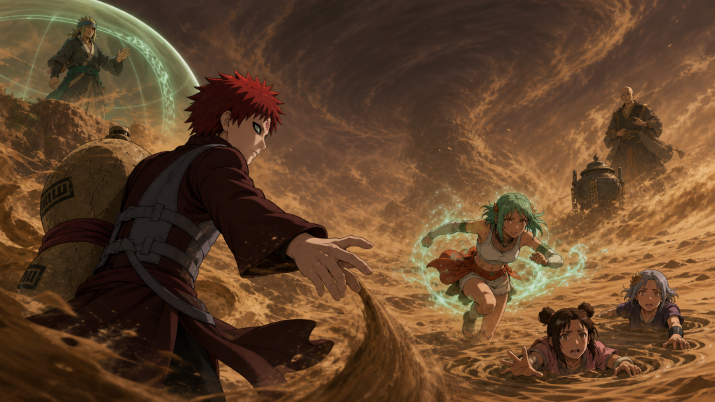 Gaara and Fu enter a manufactured sandstorm as Fugi and Hoichi spring their plot in Episode 410