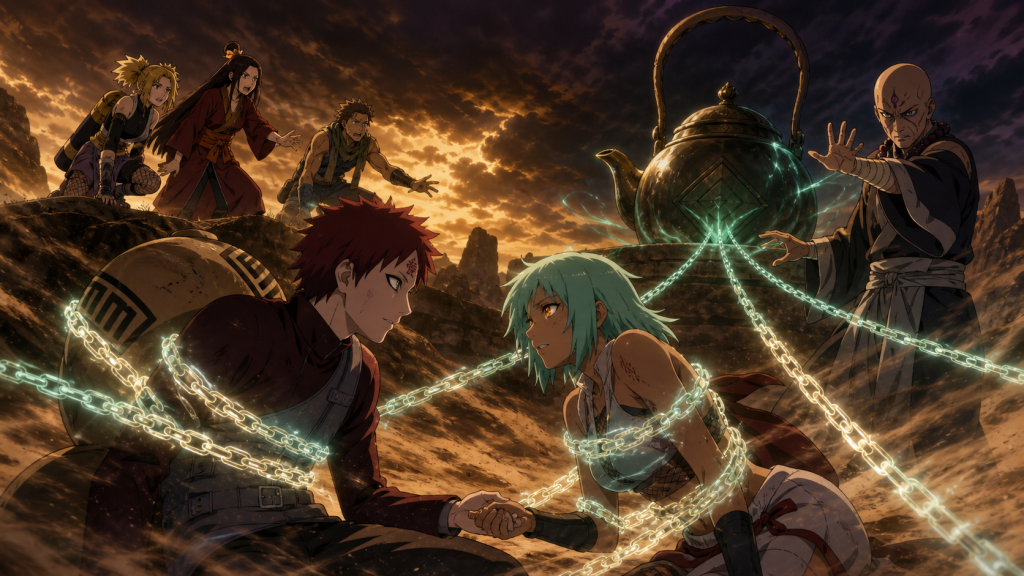 Gaara and Fu are bound by Hoichi’s chakra chains in Naruto Shippuden Episode 411