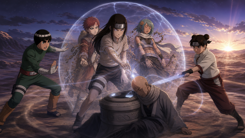 Neji frees Gaara and Fu before choosing to save Hoichi in Naruto Shippuden Episode 412