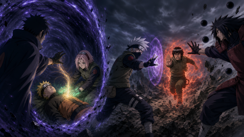 Obito transfers chakra to Naruto as Kakashi and Guy hold back Madara in Episode 417