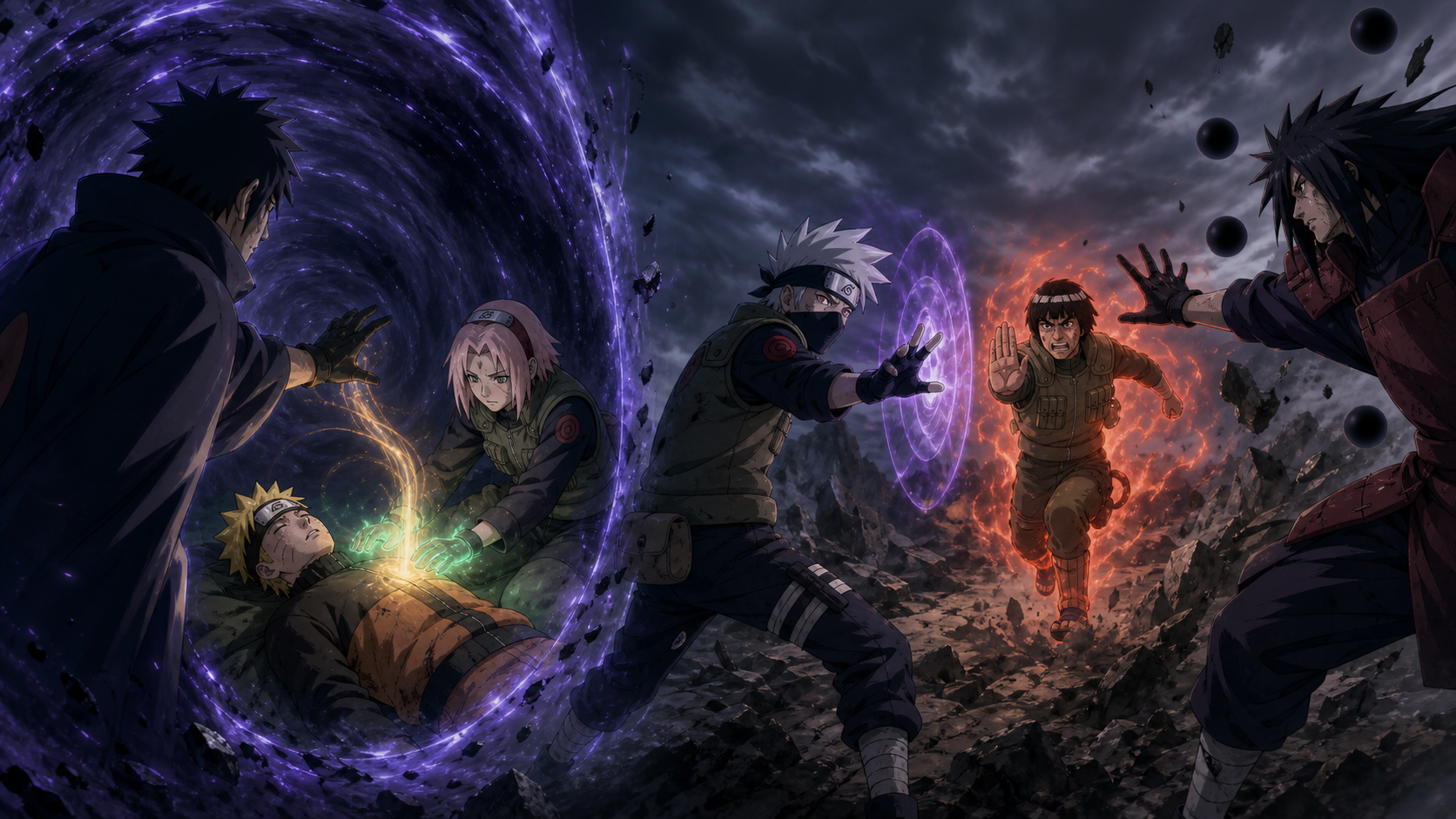 Obito transfers chakra to Naruto as Kakashi and Guy hold back Madara in Episode 417