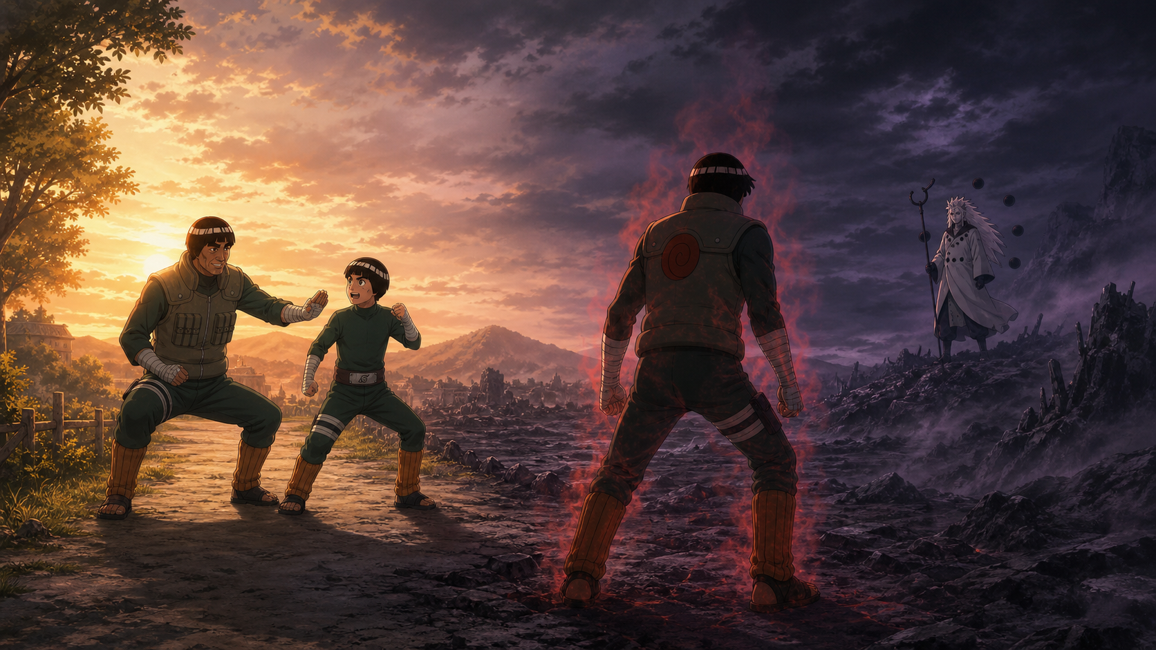 Might Duy trains young Guy as adult Guy faces Madara in Naruto Shippuden Episode 419