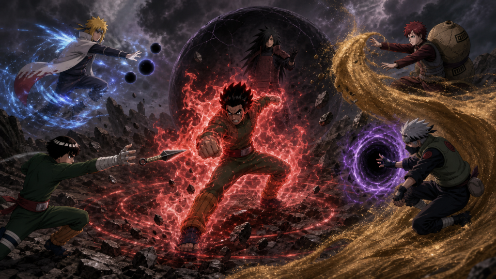 Guy attacks Madara through the route built by Lee, Minato, Gaara and Kakashi in Episode 420