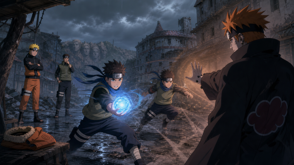 Konohamaru and his shadow clone use Rasengan against the Naraka Path in Episode 423