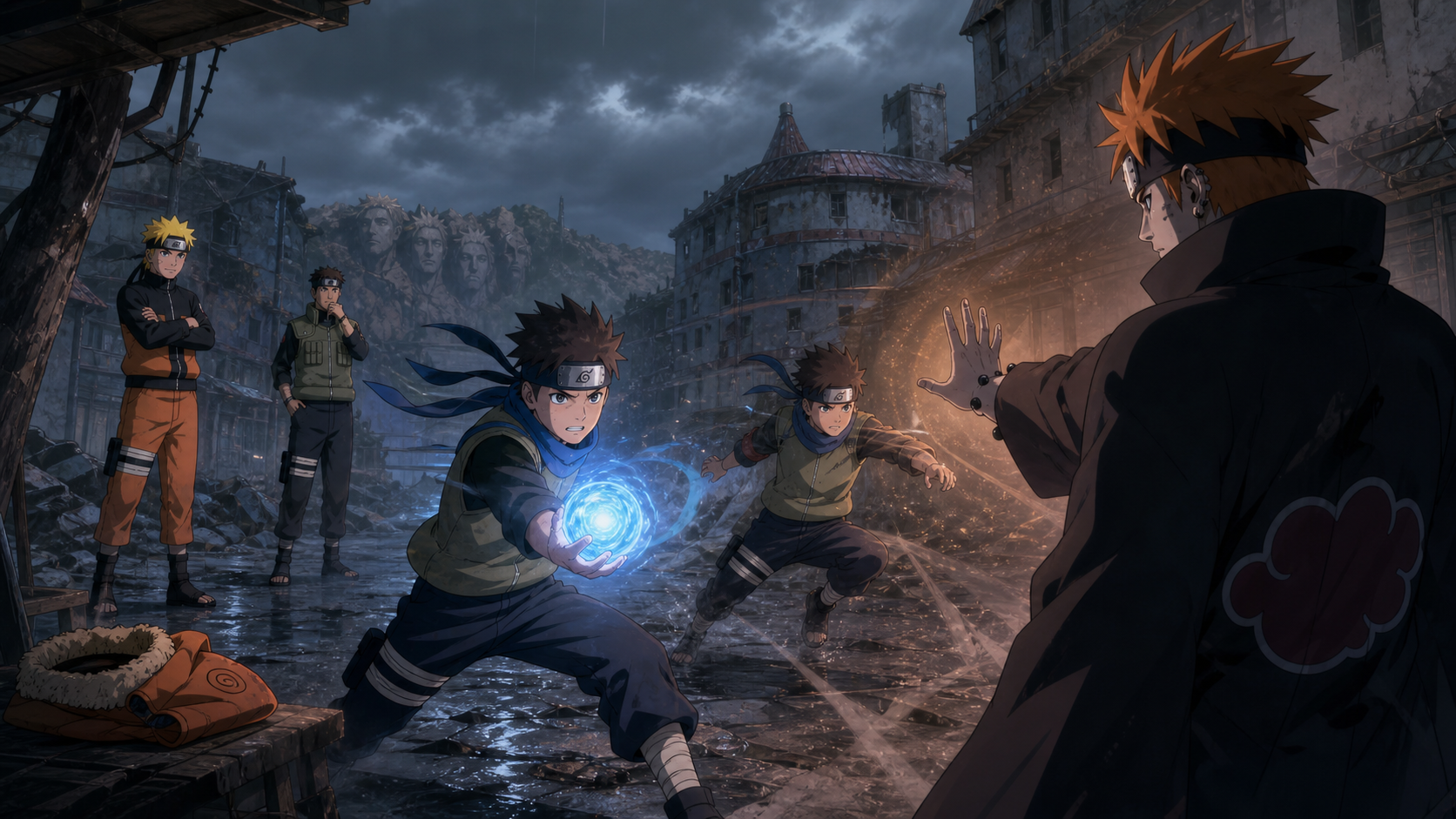 Konohamaru and his shadow clone use Rasengan against the Naraka Path in Episode 423