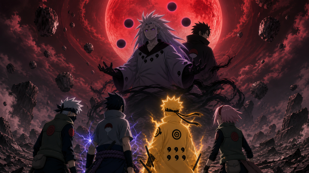Team 7 faces dual-Rinnegan Madara beneath the red moon in Naruto Shippuden Episode 425