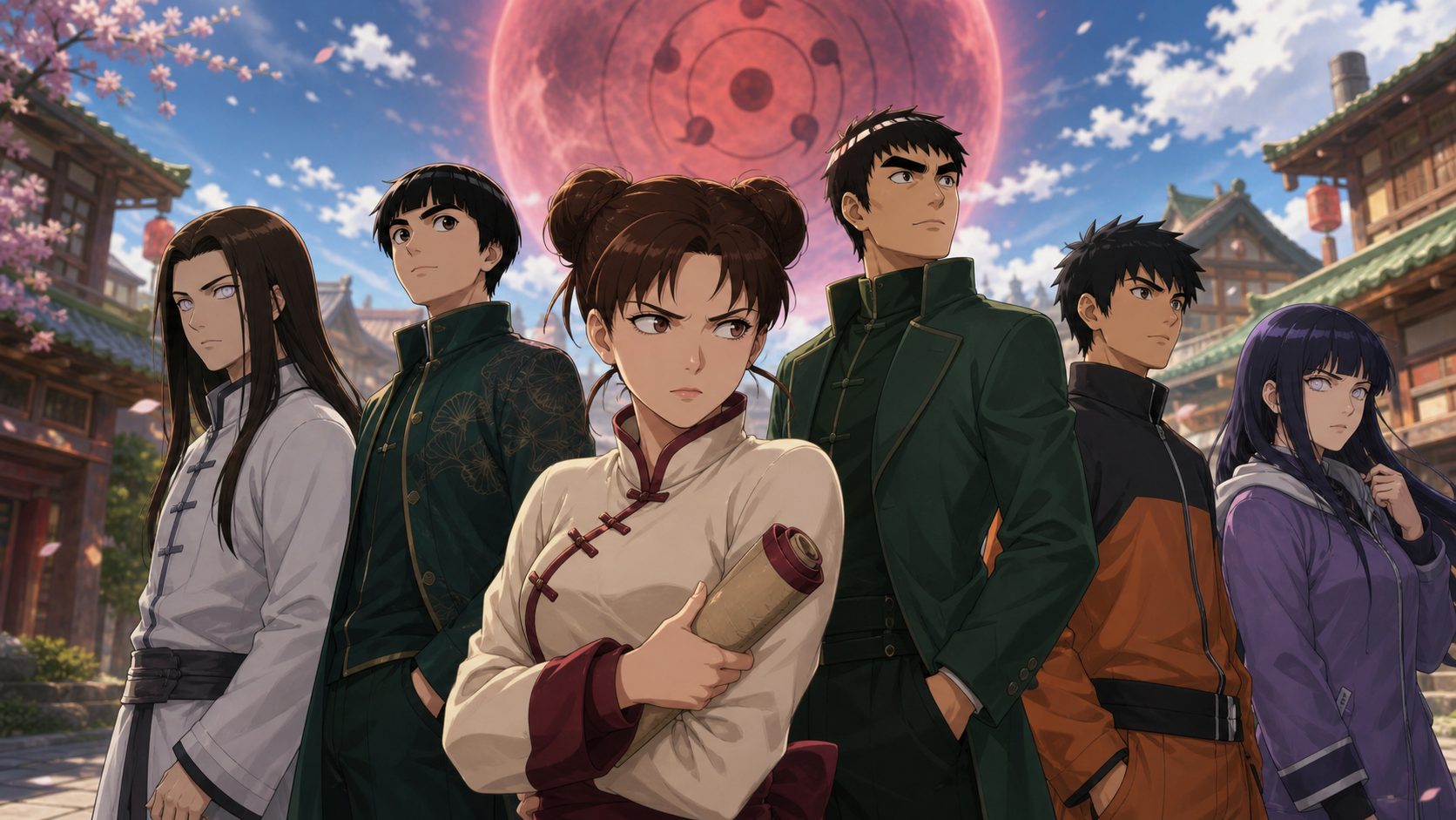 Tenten distrusts a peaceful altered Konoha beneath the red moon in Naruto Shippuden Episode 427