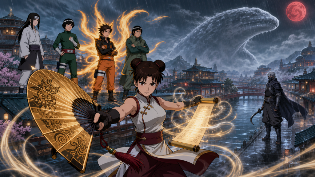 Tenten wields the treasured Sage Tools to protect the dream village in Naruto Shippuden Episode 428