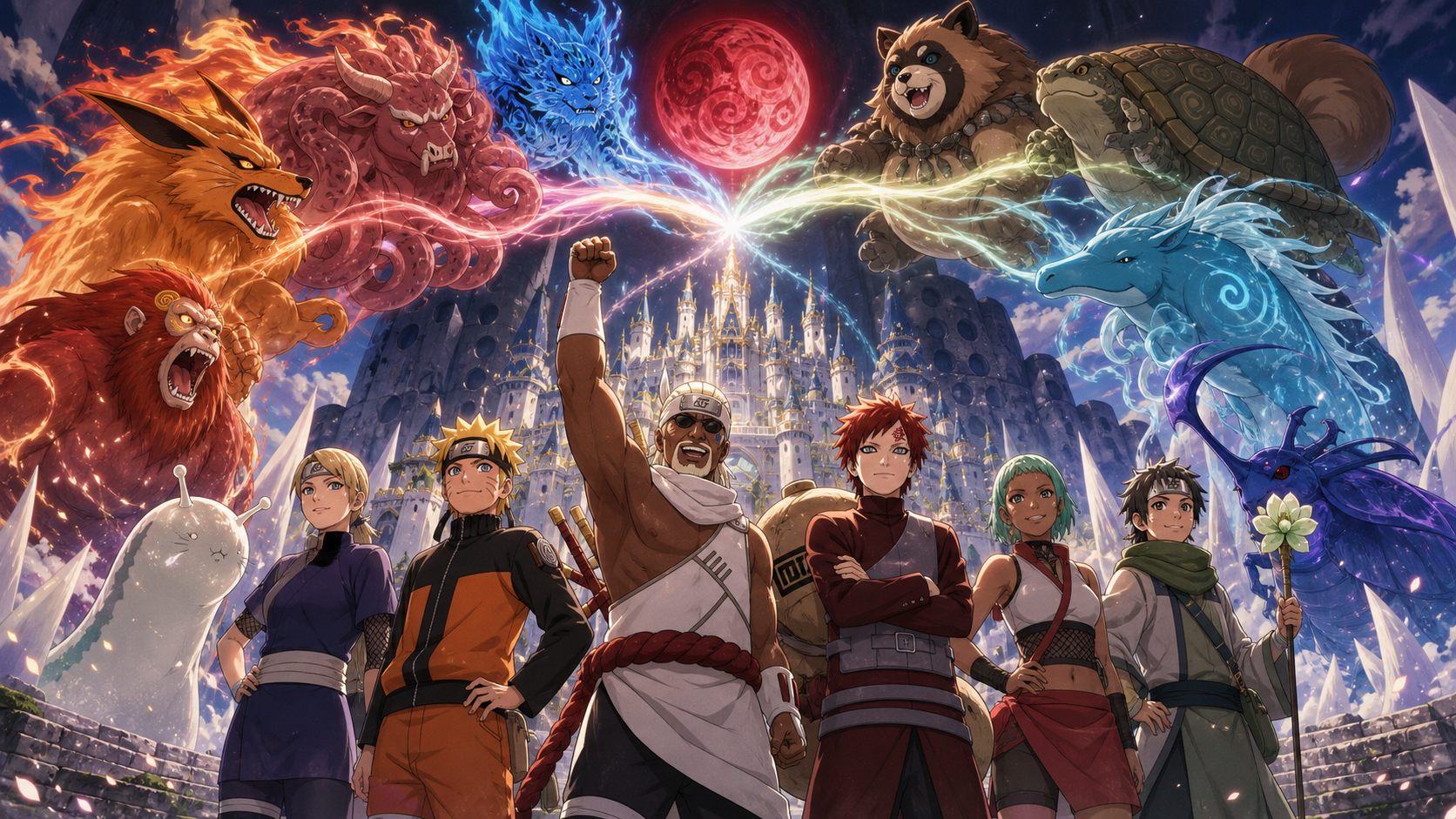 Killer Bee unites jinchuriki and their tailed beasts before the dream castle in Naruto Shippuden Episode 430