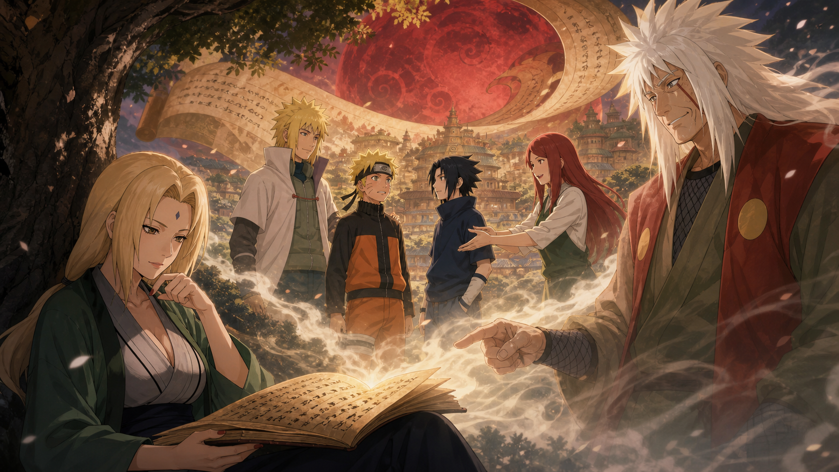 Tsunade reads Jiraiya’s alternate story of Naruto growing up with Minato and Kushina in Naruto Shippuden Episode 432