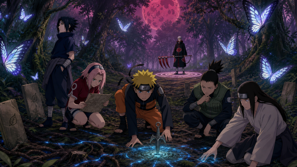 Naruto and the young Konoha teams trace Ageha butterflies and underground chakra in Naruto Shippuden Episode 433