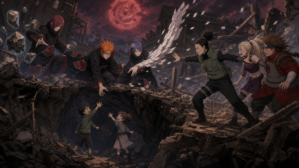 Team Jiraiya reaches for two village children as Shikamaru stops his team in Naruto Shippuden Episode 434