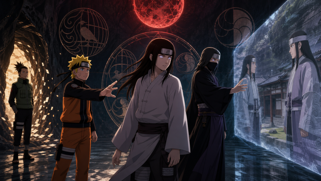 Neji stands between Naruto and a masked Byakugan user presenting the Hyuga Affair in Naruto Shippuden Episode 436
