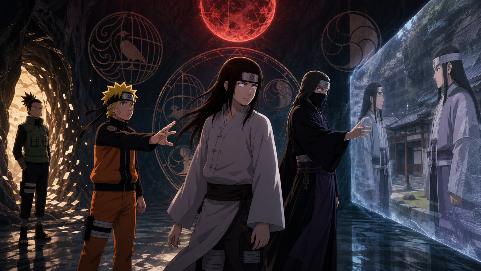 Neji stands between Naruto and a masked Byakugan user presenting the Hyuga Affair in Naruto Shippuden Episode 436