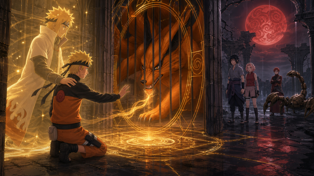 Naruto reaches toward Kurama’s sealed chakra as Minato’s memory guides him in Naruto Shippuden Episode 437
