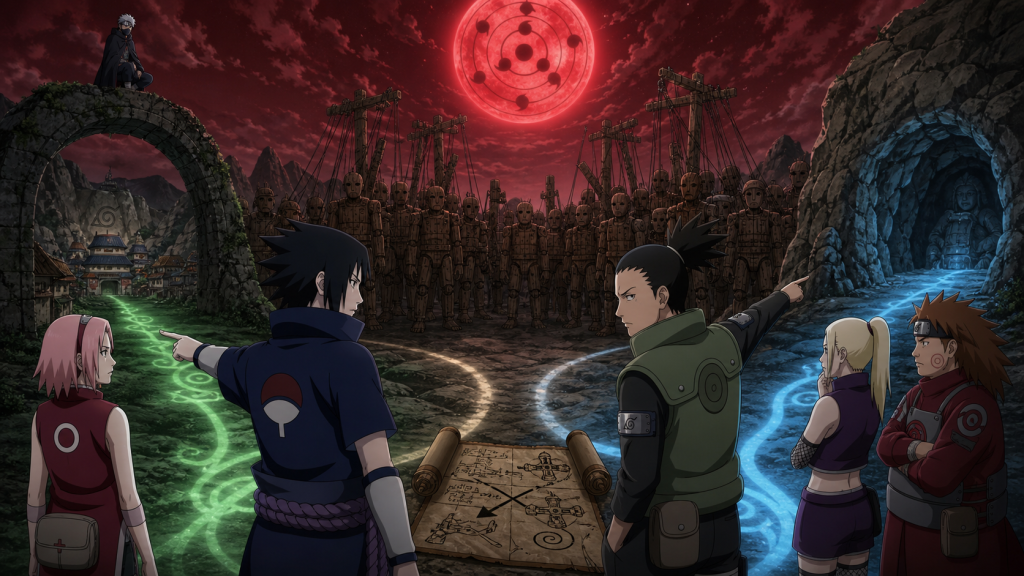 Sasuke and Shikamaru choose competing routes before Hiruko’s puppet blockade in Naruto Shippuden Episode 438