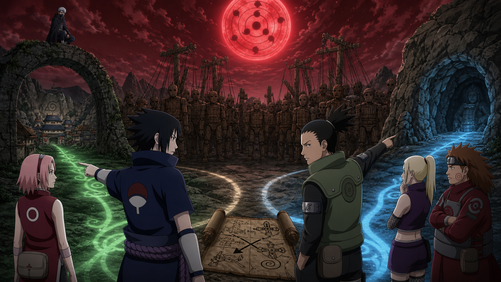 Sasuke and Shikamaru choose competing routes before Hiruko’s puppet blockade in Naruto Shippuden Episode 438