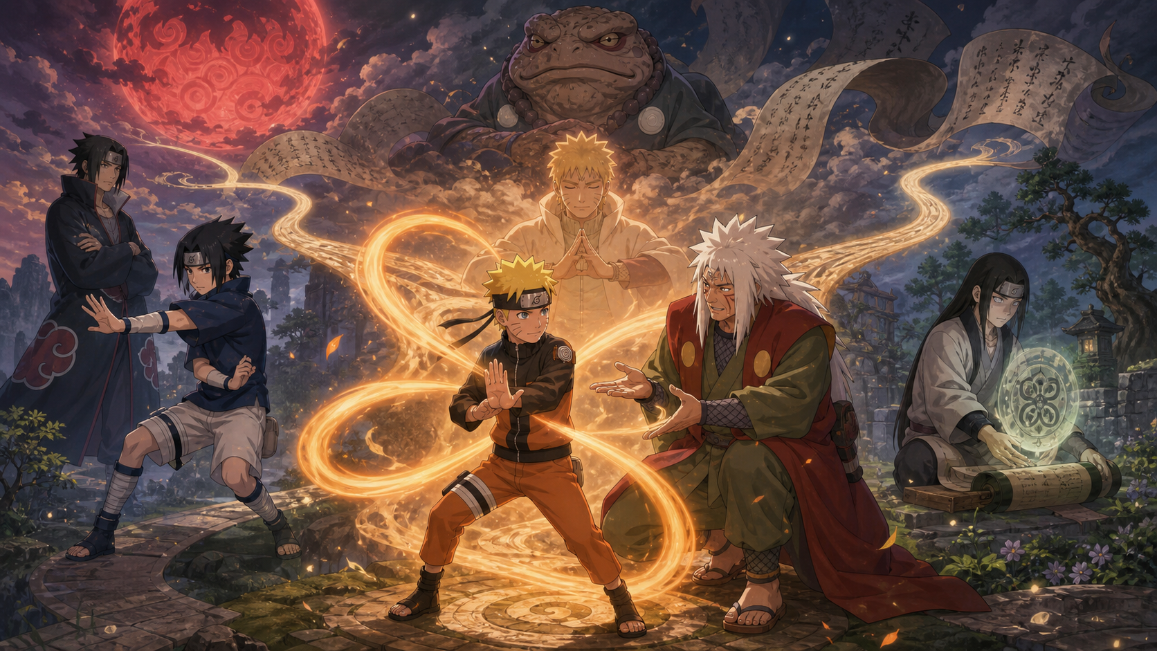 Naruto practices controlled chakra with Jiraiya and Minato beneath the Great Toad Sage in Naruto Shippuden Episode 439