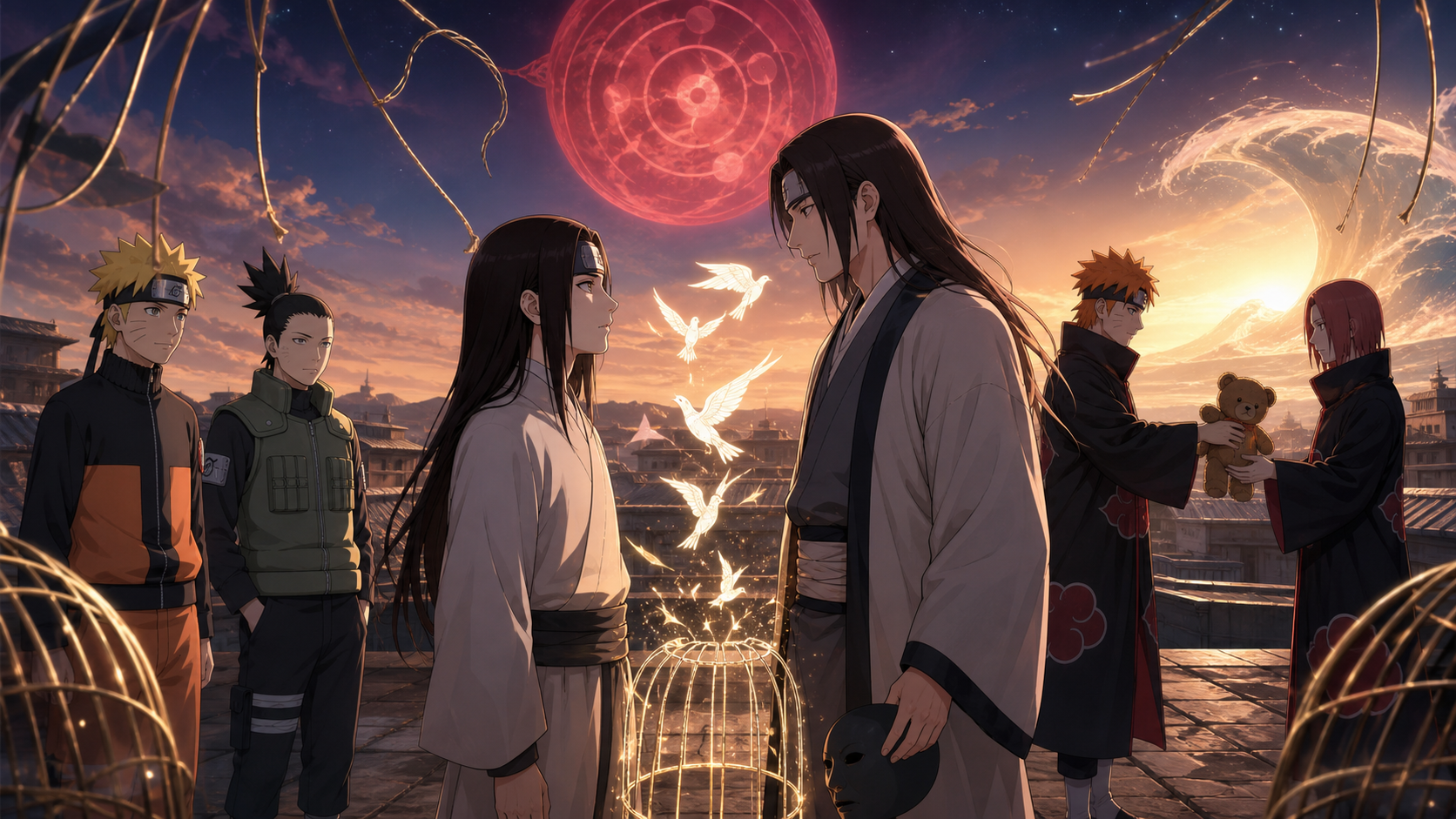 Neji and Hizashi reconcile as the caged-bird seal opens into light in Naruto Shippuden Episode 440