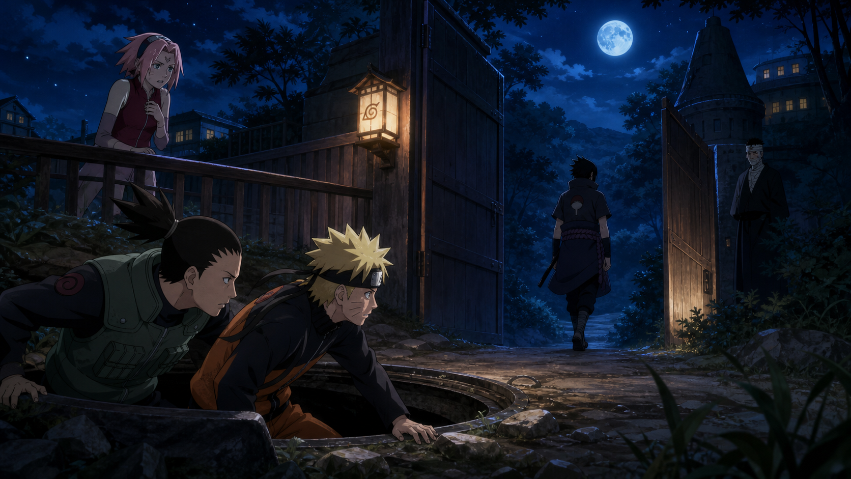 Naruto and Shikamaru pursue Sasuke as he leaves Konoha in Naruto Shippuden Episode 444