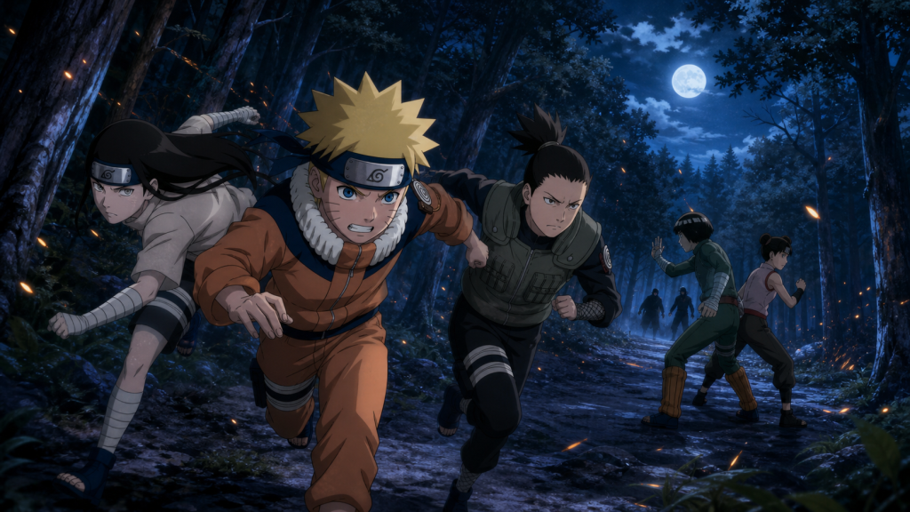 Naruto, Shikamaru and Neji continue pursuing Sasuke in Naruto Shippuden Episode 445