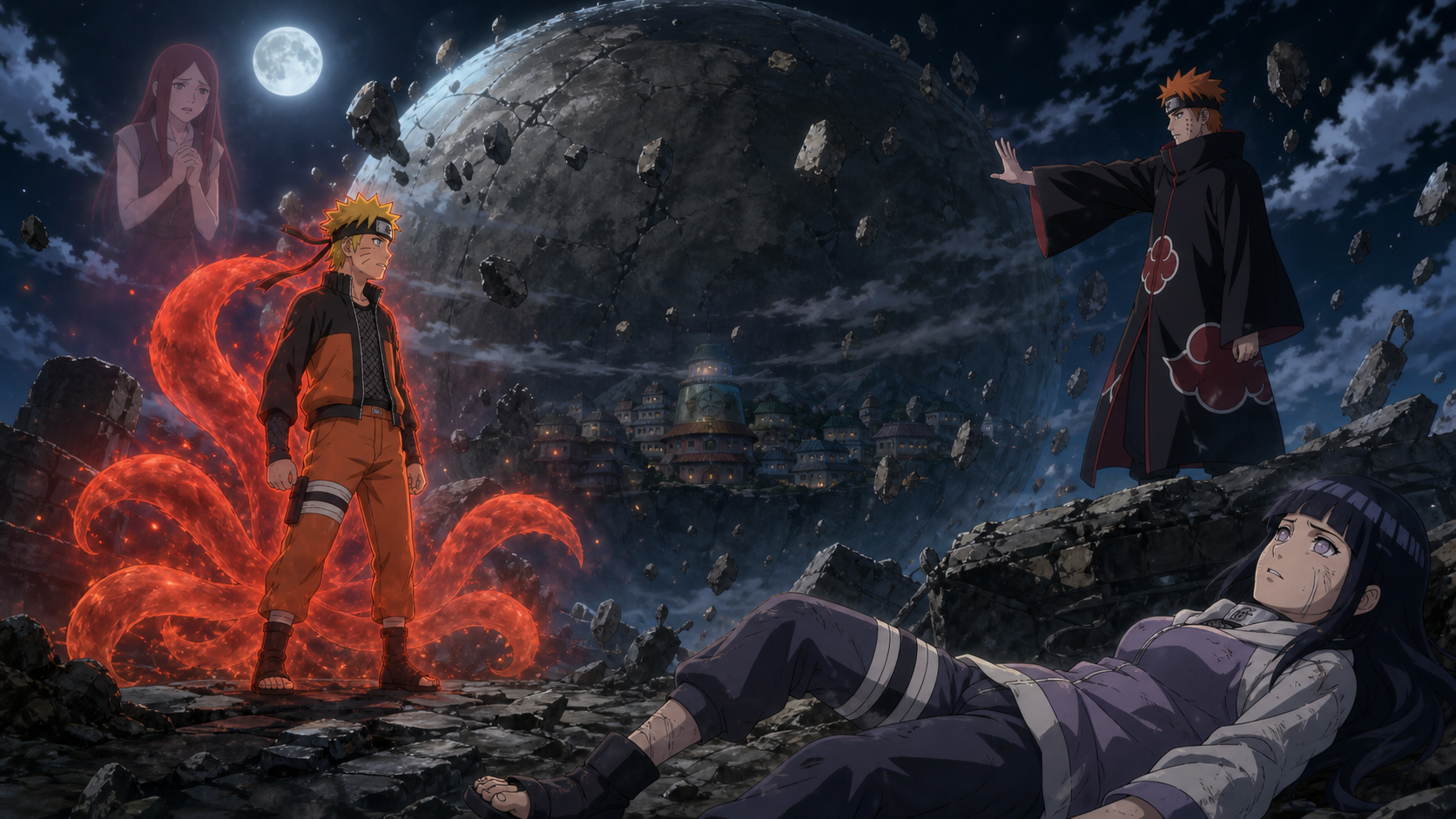 Naruto confronts Pain beneath a stone moon enclosing Konoha in Naruto Shippuden Episode 447