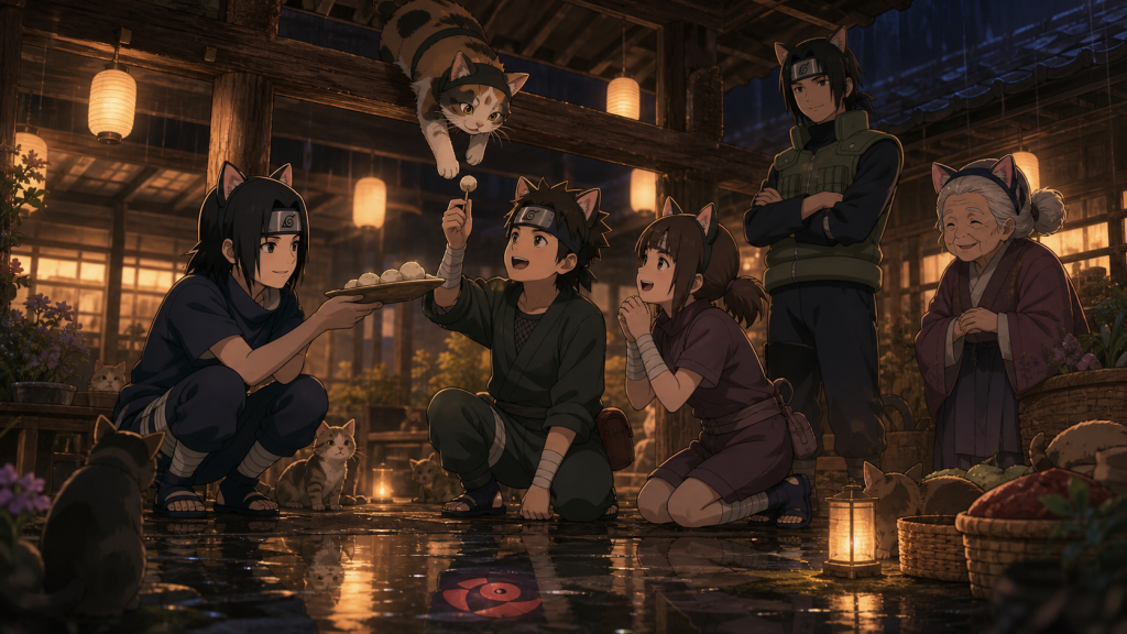 Itachi shares a playful ninja cat mission with Team 2 in Naruto Shippuden Episode 453