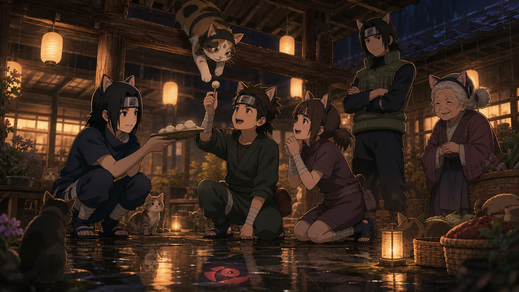 Itachi shares a playful ninja cat mission with Team 2 in Naruto Shippuden Episode 453