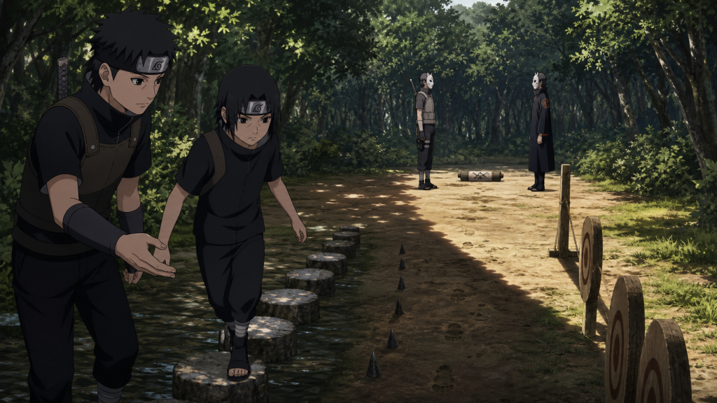 Shisui guides young Itachi through training beside a divided ANBU conflict in Naruto Shippuden Episode 454