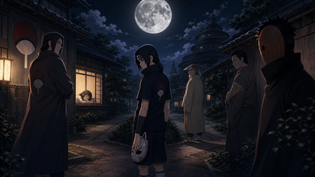 Itachi stands between Fugaku, Hiruzen, Danzō and Tobi on a moonlit night in Naruto Shippuden Episode 455