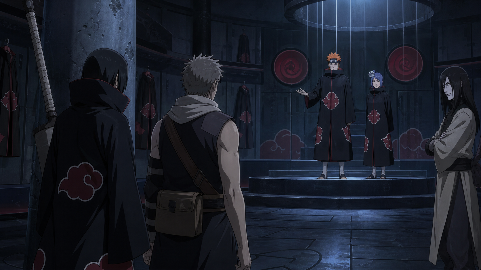Itachi enters Akatsuki beside Jūzō as Pain, Konan and Orochimaru assess him in Naruto Shippuden Episode 456