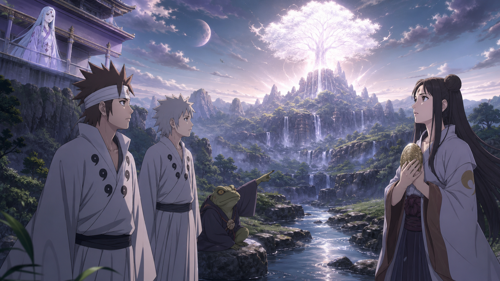 Hagoromo and Hamura investigate the Divine Tree with Gamamaru in Naruto Shippuden Episode 461