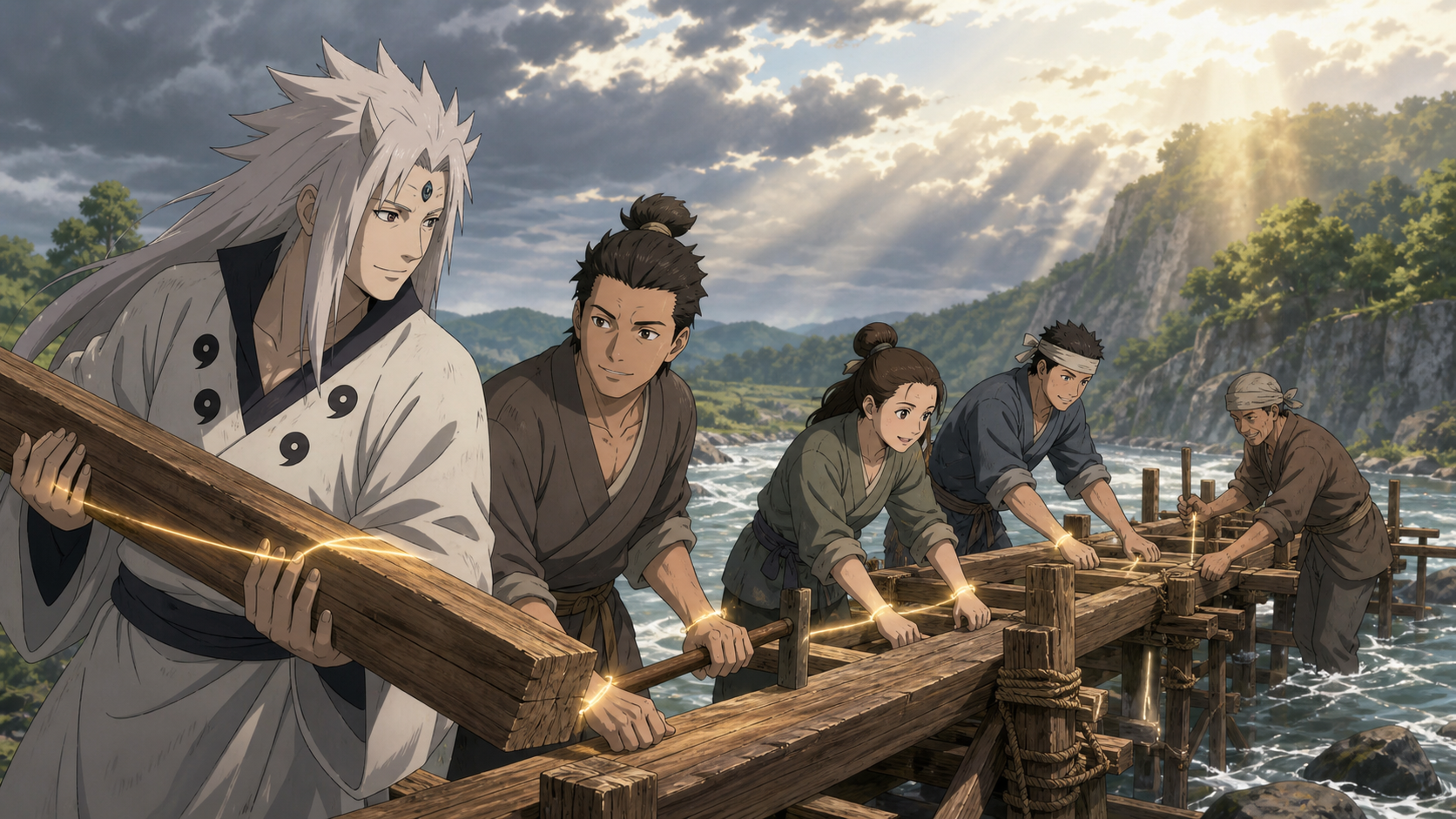 Hagoromo rebuilds a bridge with Futami and villagers in Naruto Shippuden Episode 464