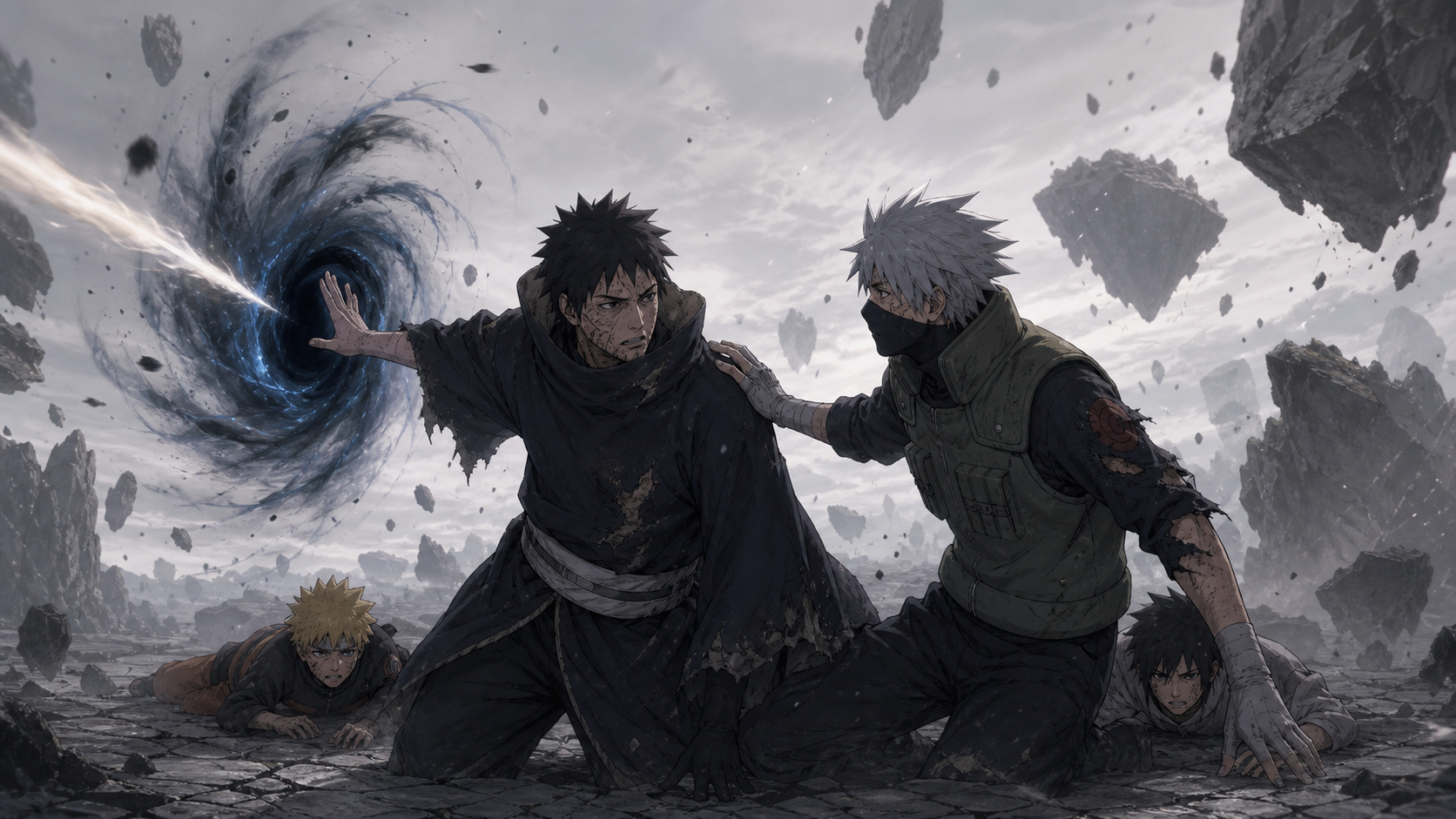 Obito shields Kakashi in the high-gravity dimension in Naruto Shippuden Episode 471