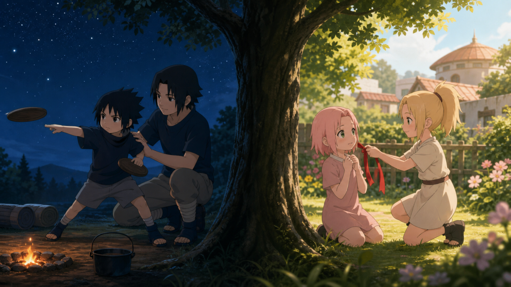 Young Sasuke trains with Itachi while young Sakura receives Ino’s ribbon in Naruto Shippuden Episode 481
