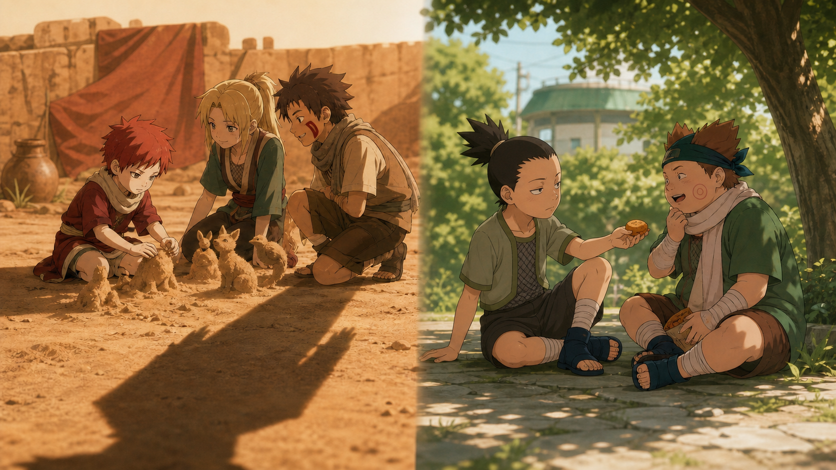 Young Gaara plays with siblings while young Shikamaru repairs a prank with Choji in Naruto Shippuden Episode 482