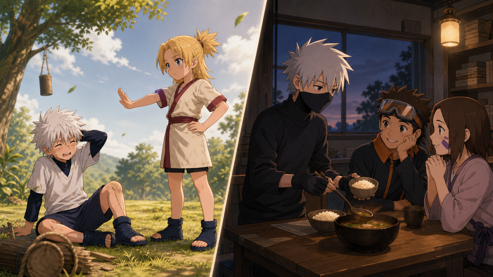 Young Tsunade corrects Jiraiya while young Kakashi feeds Obito and Rin in Naruto Shippuden Episode 483