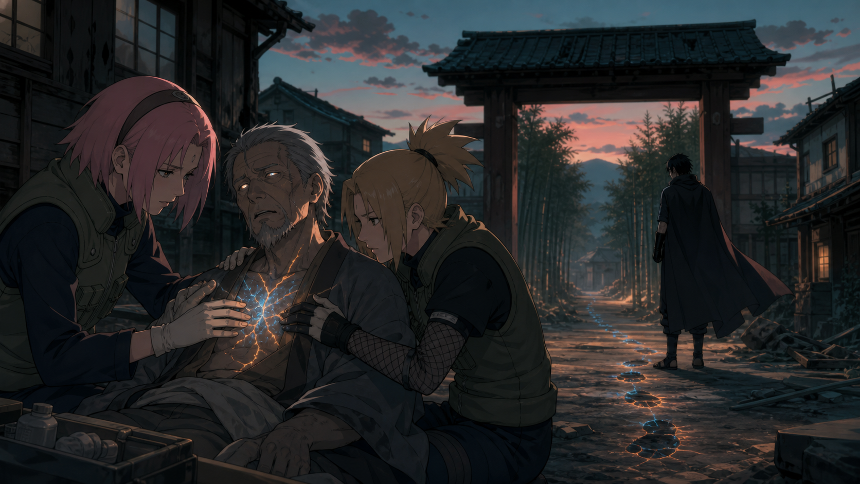 Sakura and Ino stabilize Tadaichi while Sasuke follows the control trail in Naruto Shippuden Episode 484