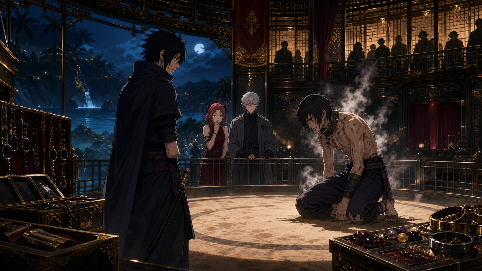 Sasuke confronts a captive fighter while Chino and Nowaki watch in Naruto Shippuden Episode 485