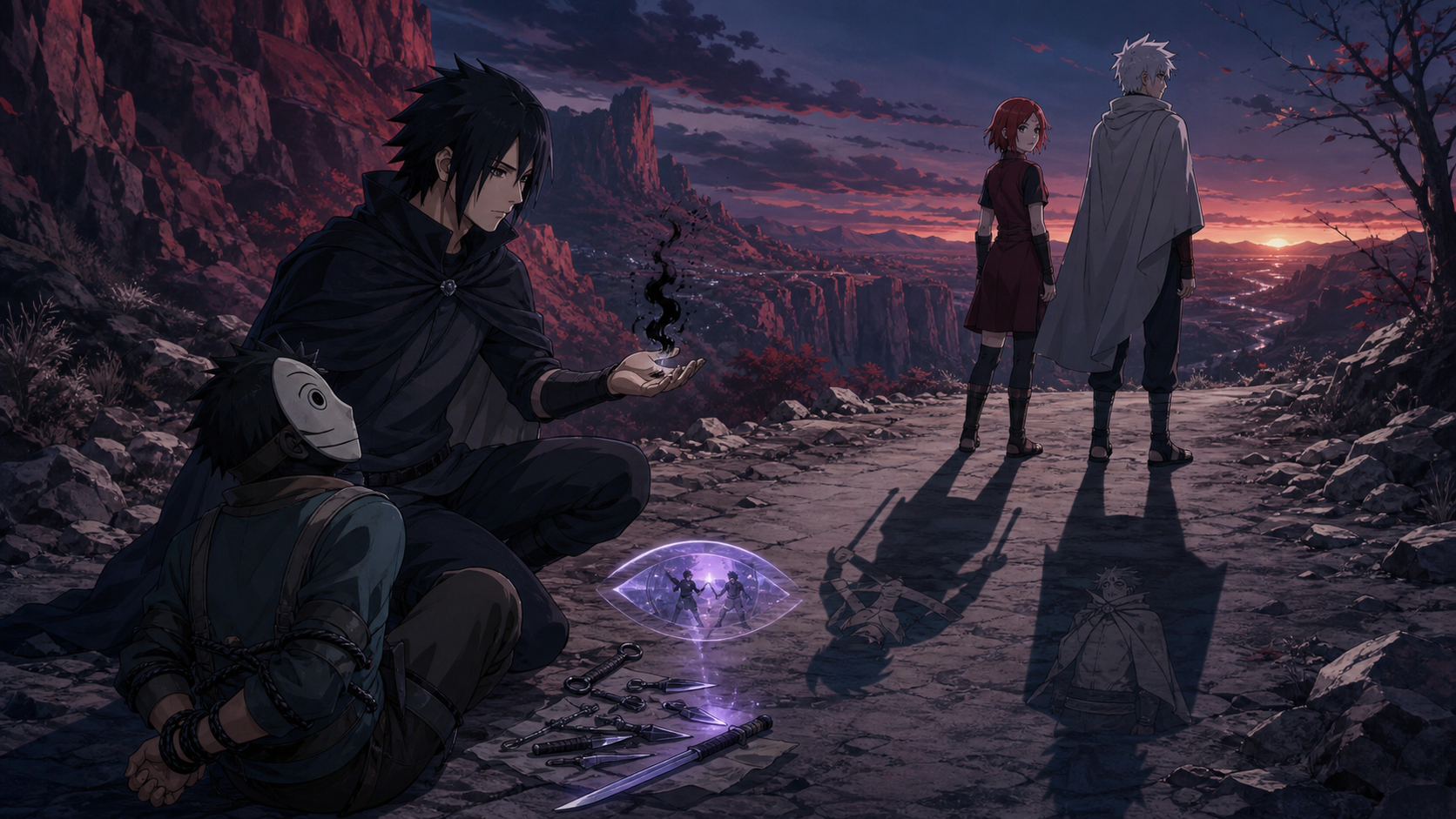 Sasuke reads a captured decoy while Chino and Nowaki cast hidden shadows in Naruto Shippuden Episode 486