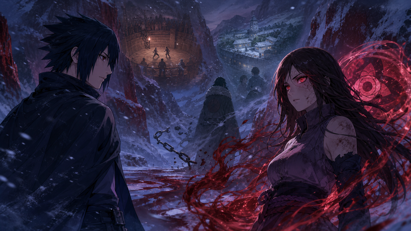 Sasuke faces Chino and her crimson Ketsuryugan in the snowy Valley of Hell in Naruto Shippuden Episode 487