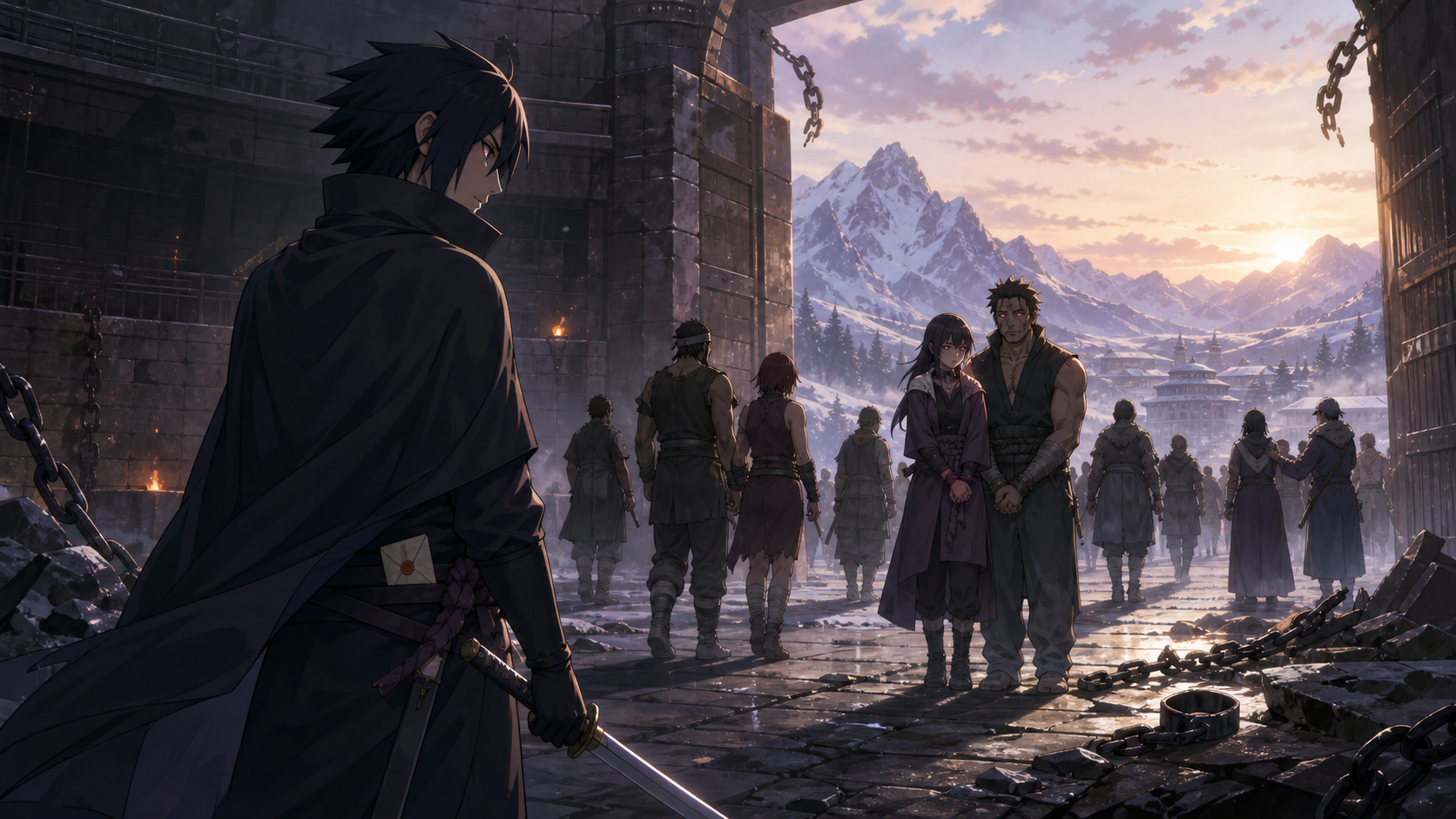 Sasuke opens the Coliseum gates while Chino, Fushin and liberated fighters face sunrise in Naruto Shippuden Episode 488