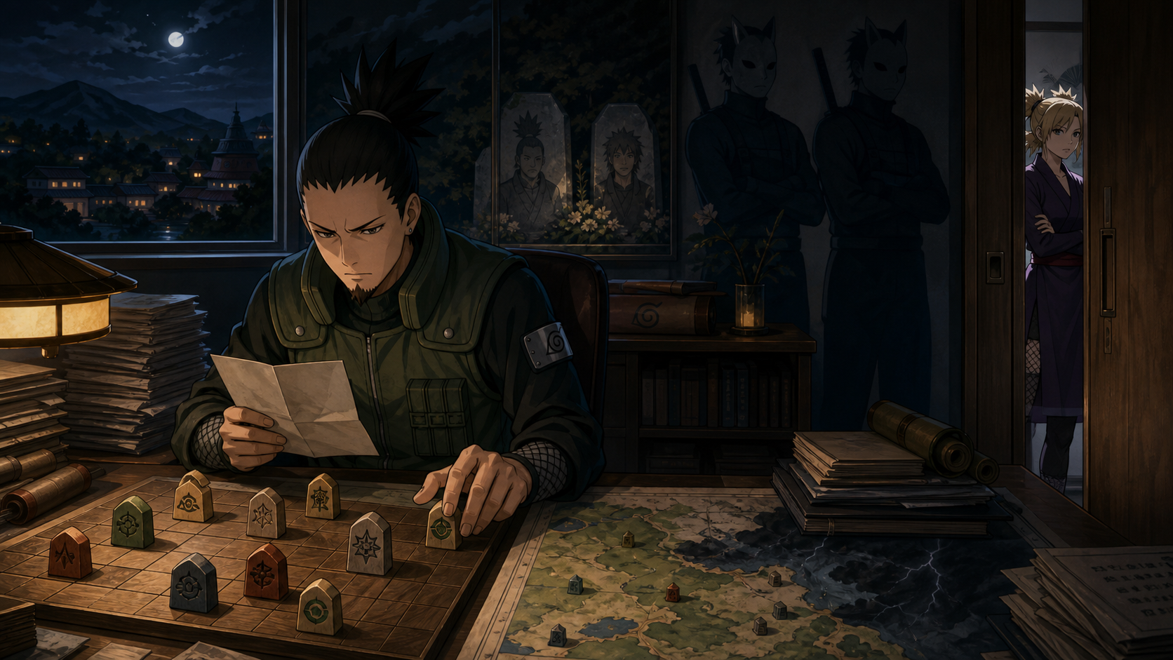 Shikamaru studies Sai’s message over alliance reports while Temari waits beyond a partly closed door in Naruto Shippuden Episode 489