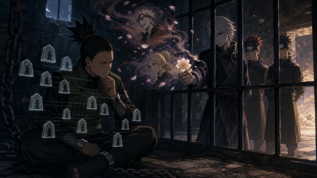 Shikamaru calculates with imagined shogi pieces while Gengo offers a memory-altering flower outside his prison cell in Naruto Shippuden Episode 492