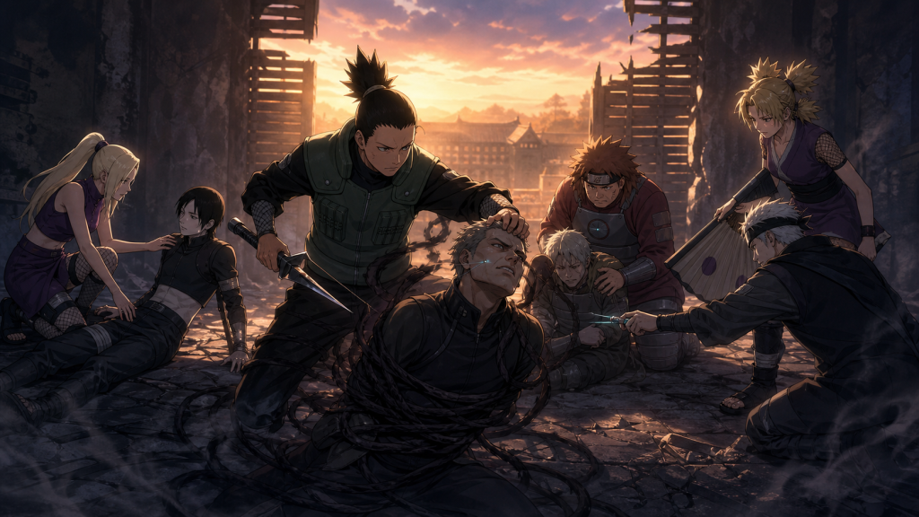 Shikamaru restrains Gengo while Ino, Choji and Temari help Sai, Ro and Soku recover at dawn in Naruto Shippuden Episode 493